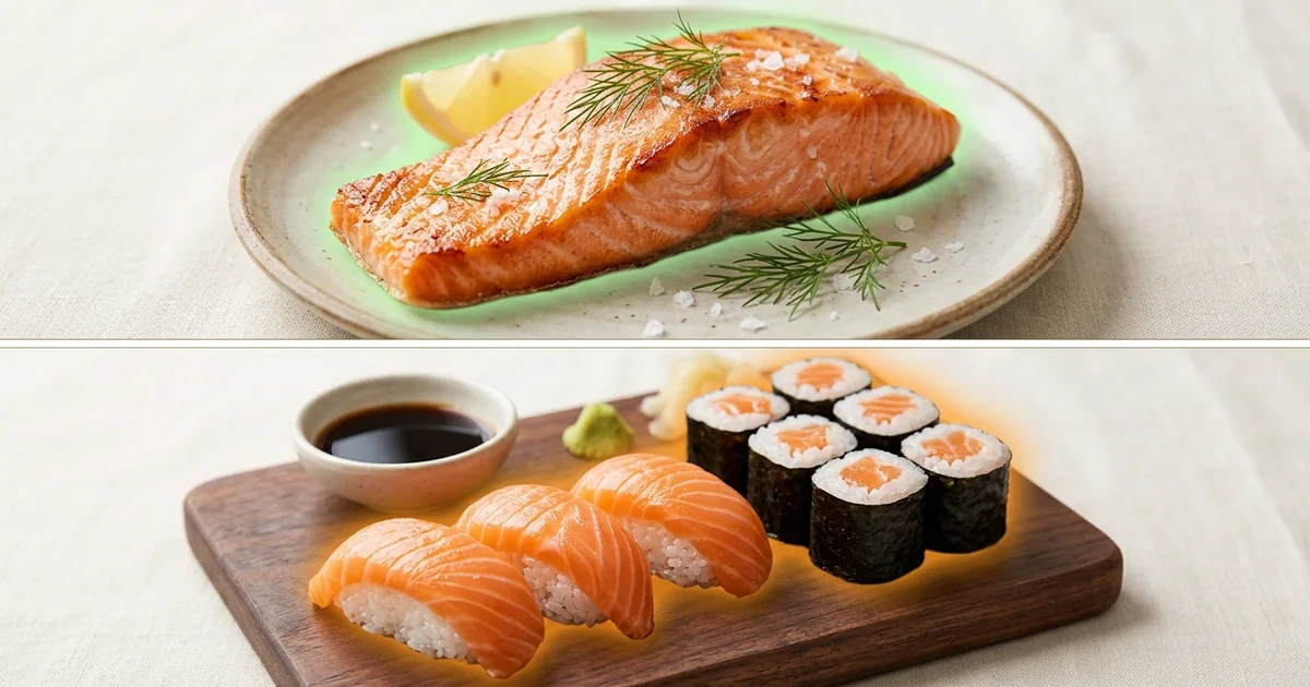 Salmón bien cocinado en un plato junto a sushi crudo, ilustrando la diferencia entre lo seguro y lo que pide prudencia