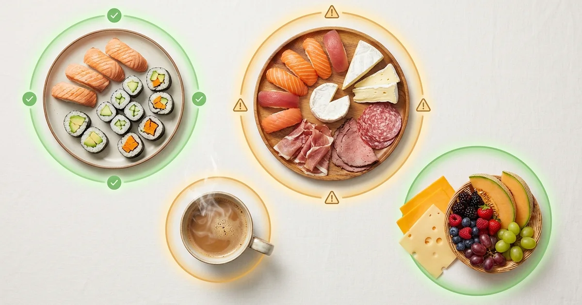 Vista de conjunto de alimentos del embarazo dispuestos sobre una mesa: los que son seguros y los que piden prudencia