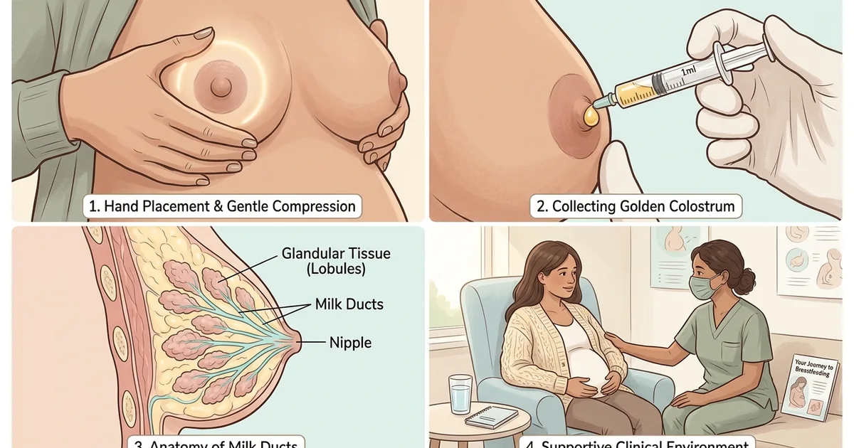A pregnant woman gently hand-expressing a few golden drops of colostrum into a small syringe