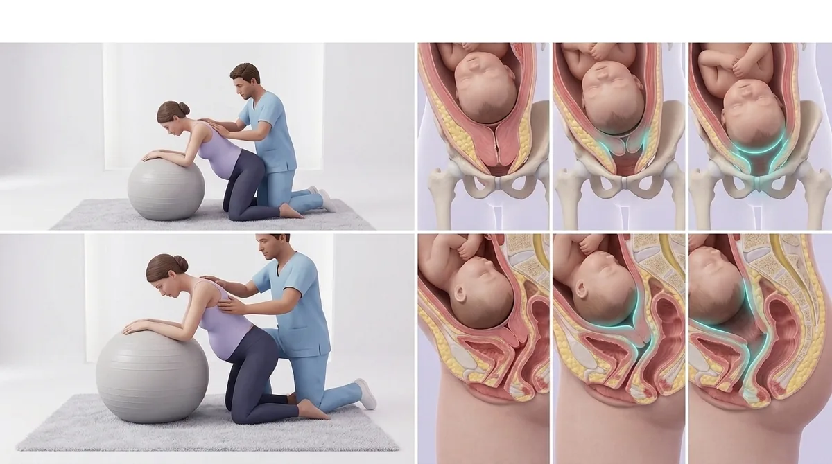 Illustration of labour and birth: regular contractions, the cervix opening and baby descending into the pelvis