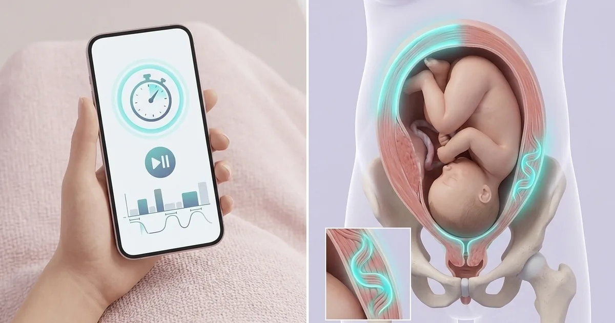 A hand holding a phone with a contraction timer, next to an anatomical cross-section of the uterus in late pregnancy