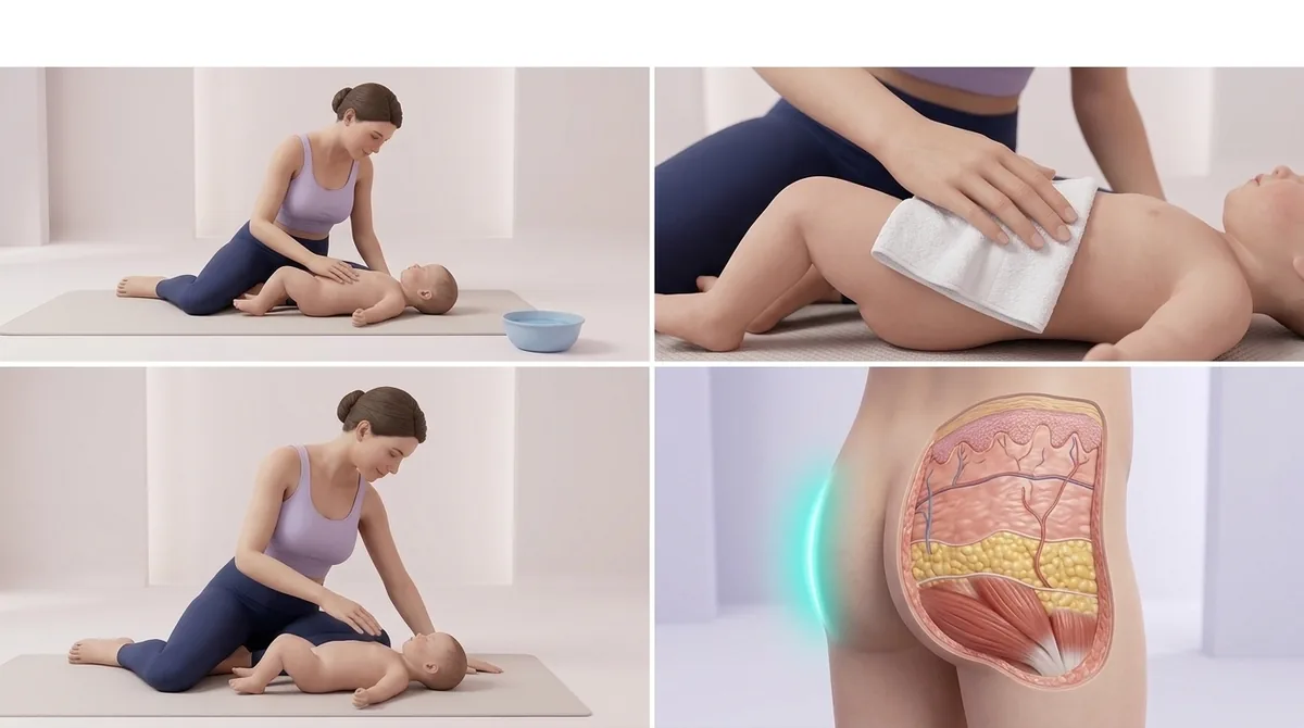Illustration of the steps that prevent nappy rash: prompt changes, gentle drying, a thin layer of barrier cream and a well-fitting nappy