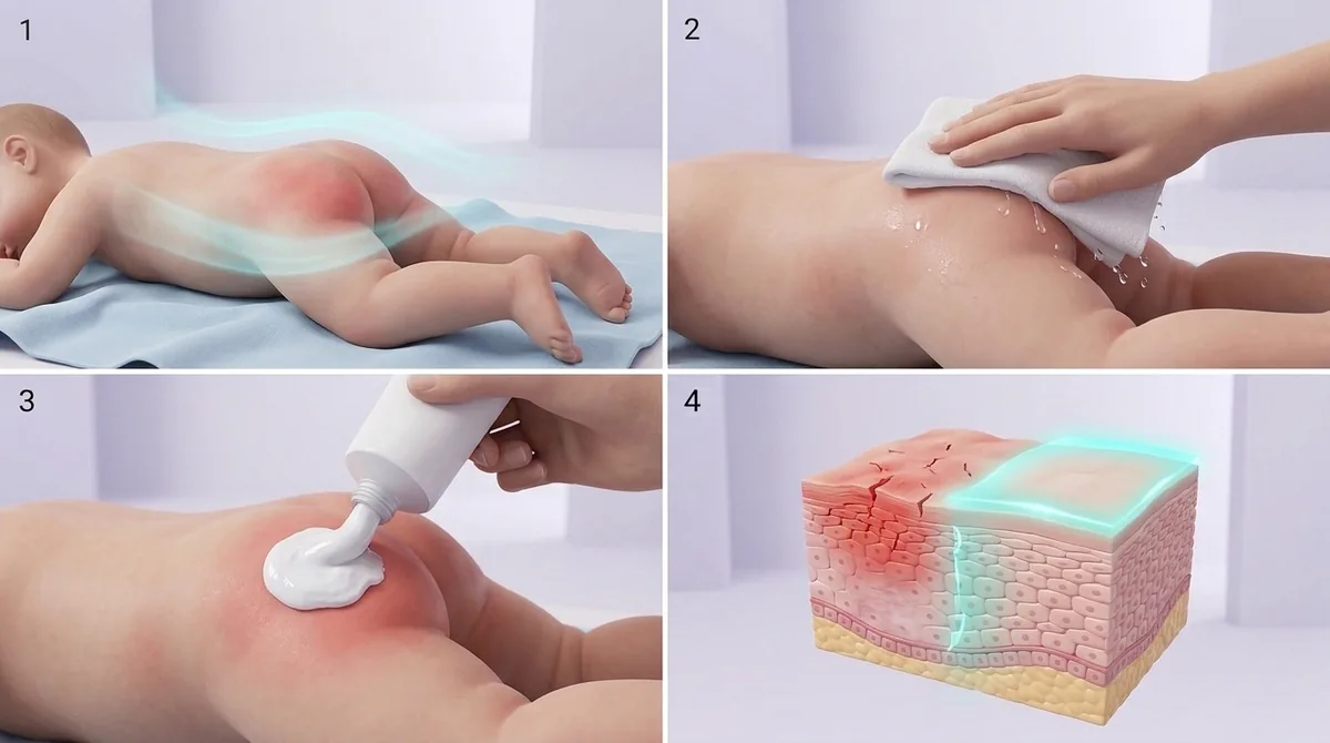 Illustration of caring for irritated nappy-area skin: gentle cleaning, air time and a protective layer of barrier cream