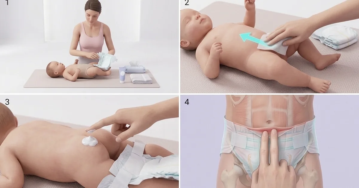 Four panels: mum changing her baby on a floor mat with supplies within reach, a gentle clean with cotton wool, barrier cream being applied, and a two-finger check of the nappy fit at the waist