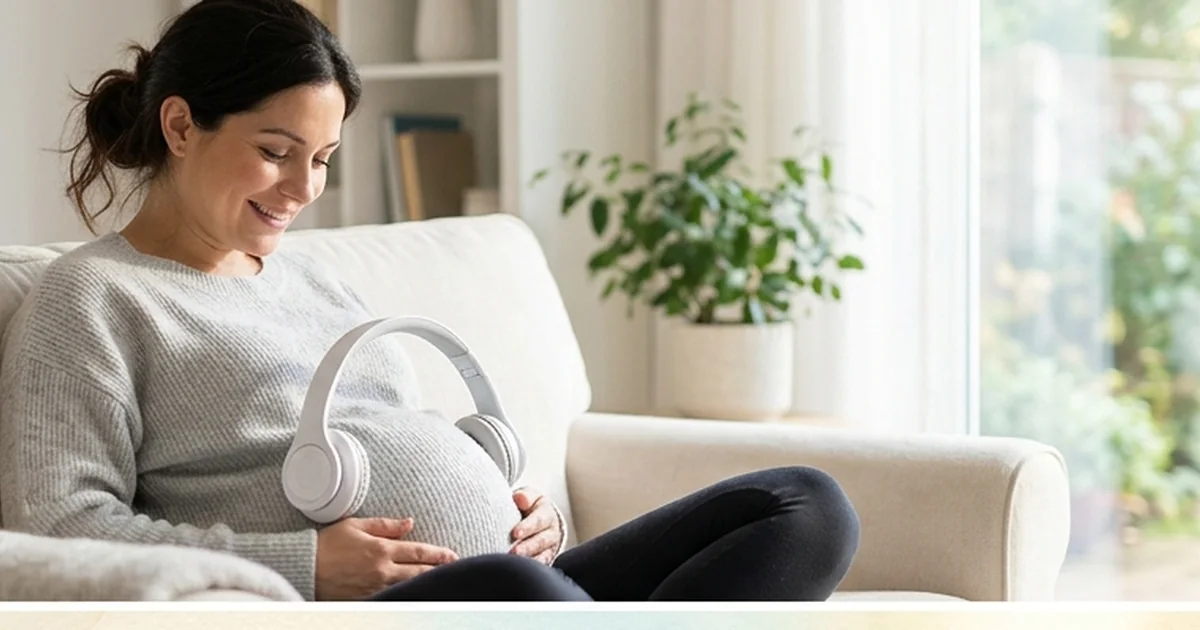A pregnant woman sitting calmly with eyes closed, headphones on, in a quiet softly lit room