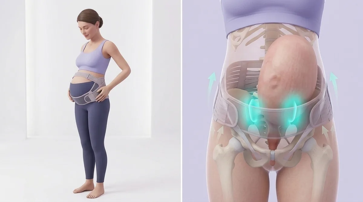 Ceinture de soutien de grossesse portée sous le ventre d’une femme enceinte