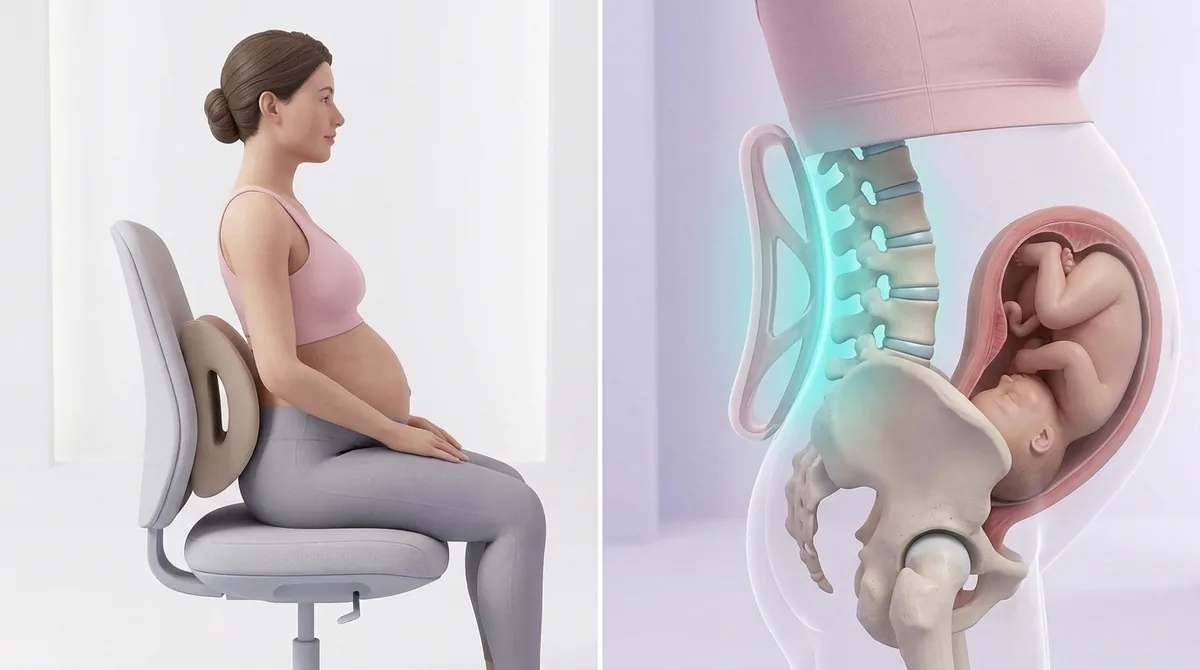 Femme enceinte assise à un bureau avec un support lombaire calant le bas de son dos