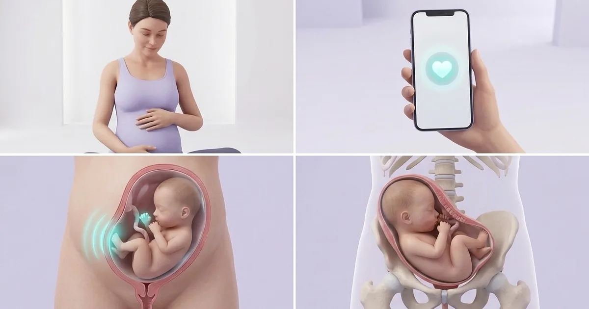 Grille de panneaux : future maman les mains posées sur son ventre, téléphone affichant une application avec un cœur, deux coupes anatomiques d’un bébé in utero donnant des coups