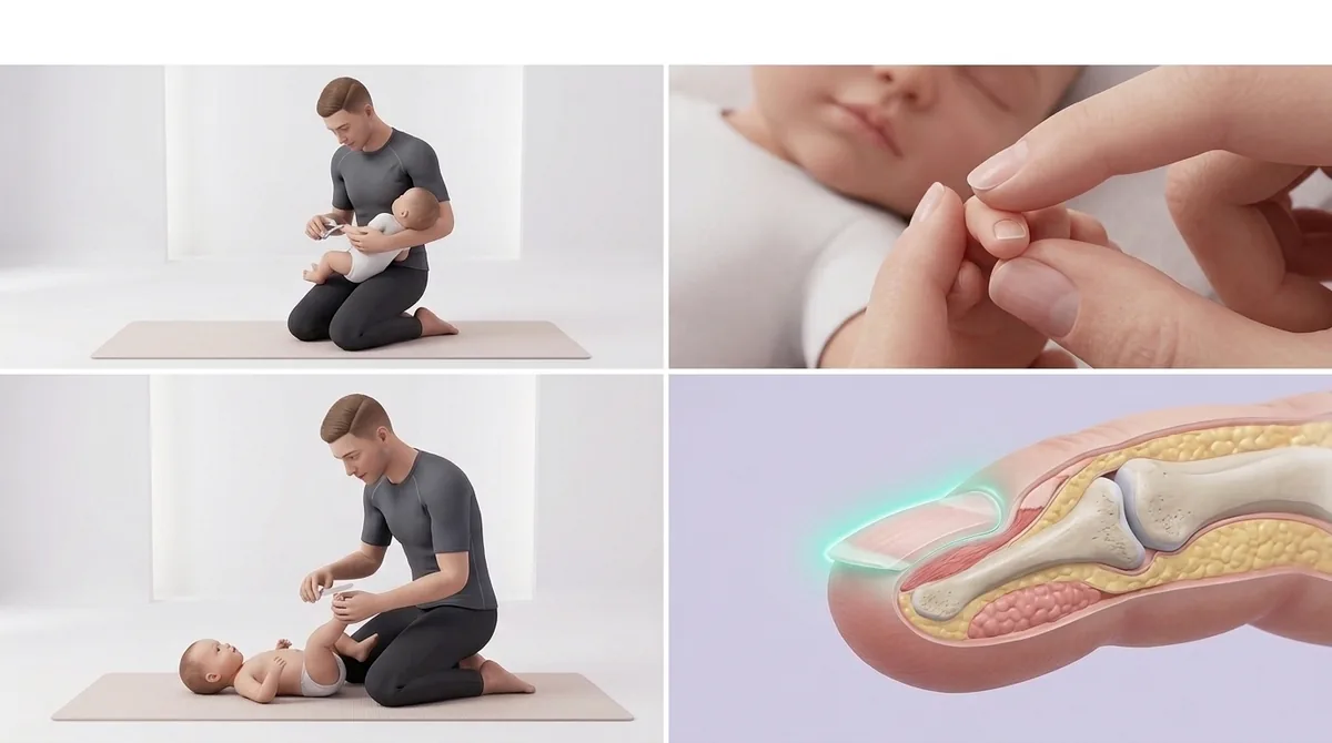 قصّاصة أظافر أطفال توضَع على ظفر إصبع رضيع مع الإمساك بالإصبع وإبعاد لبّه عن حافة الظفر