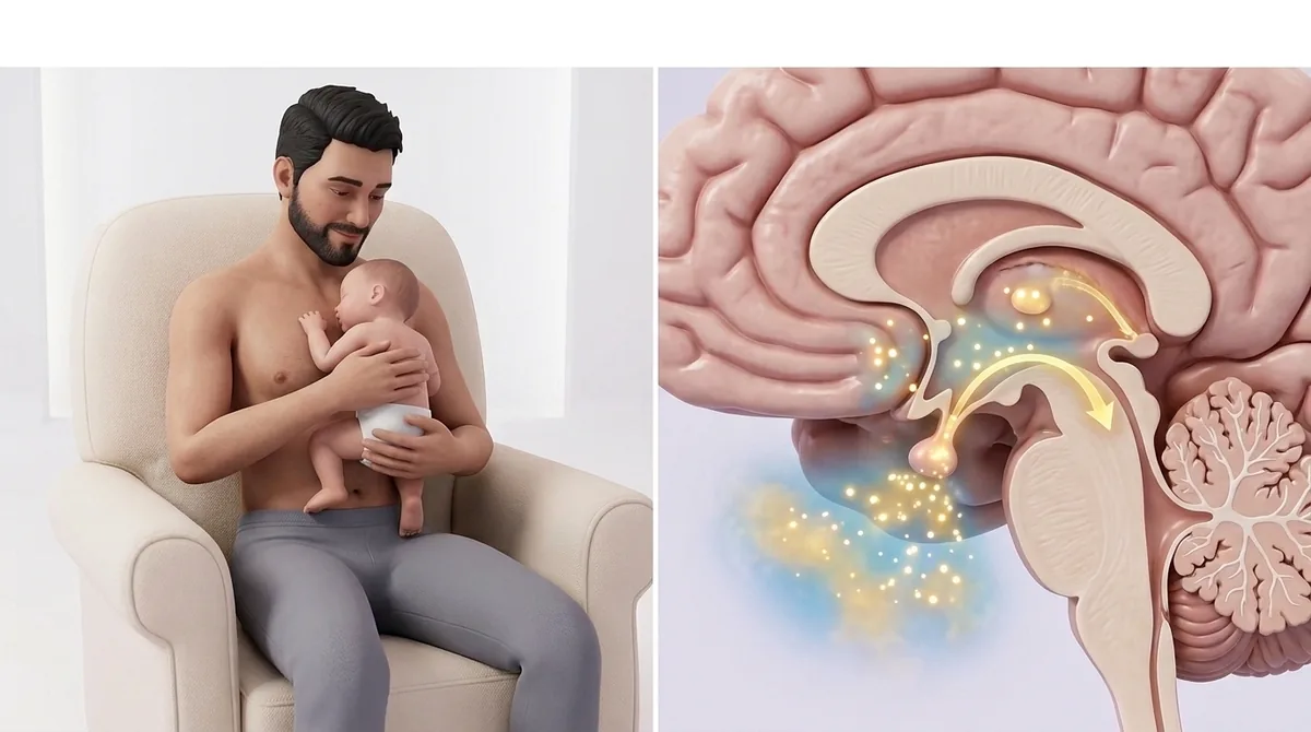 Papa torse nu tenant son nouveau-né en peau à peau contre lui, bébé apaisé la tête tournée sur le côté