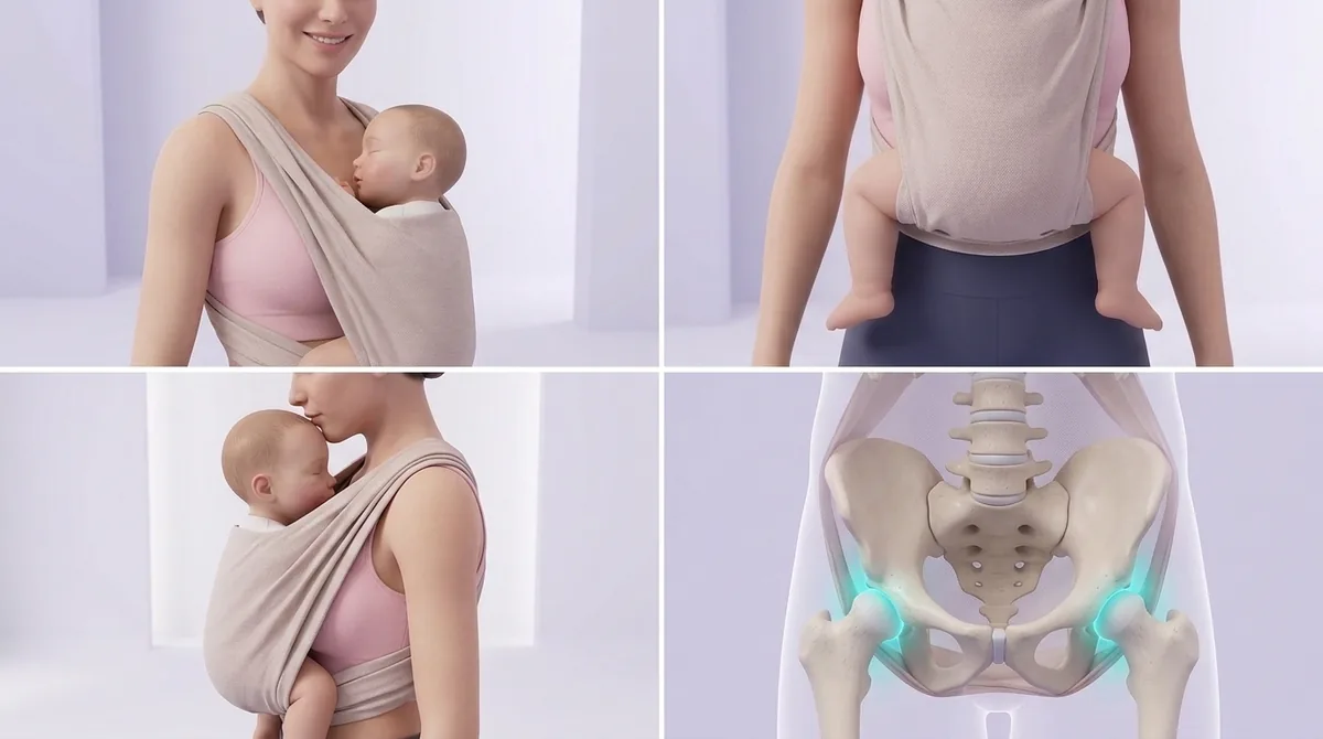 Illustration of a baby carried in a wrap facing the parent, sitting high and close with knees higher than the bottom in an M shape and the face clearly visible