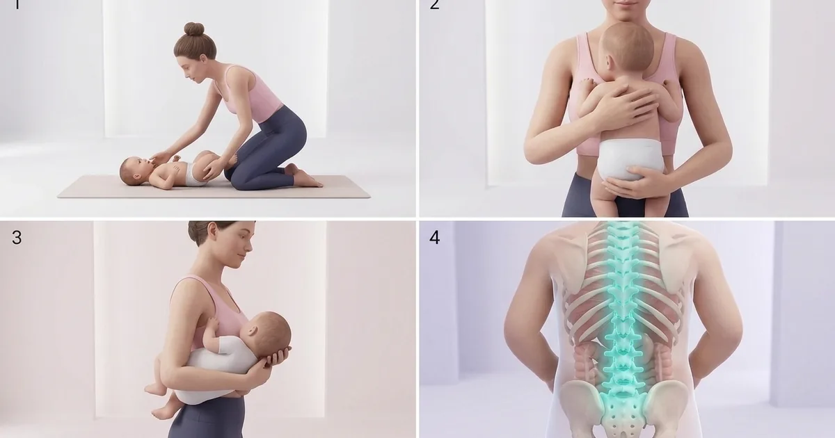 Storyboard of lifting and holding a newborn: one hand under the head and neck, the other under the bottom, bringing baby in close against the chest
