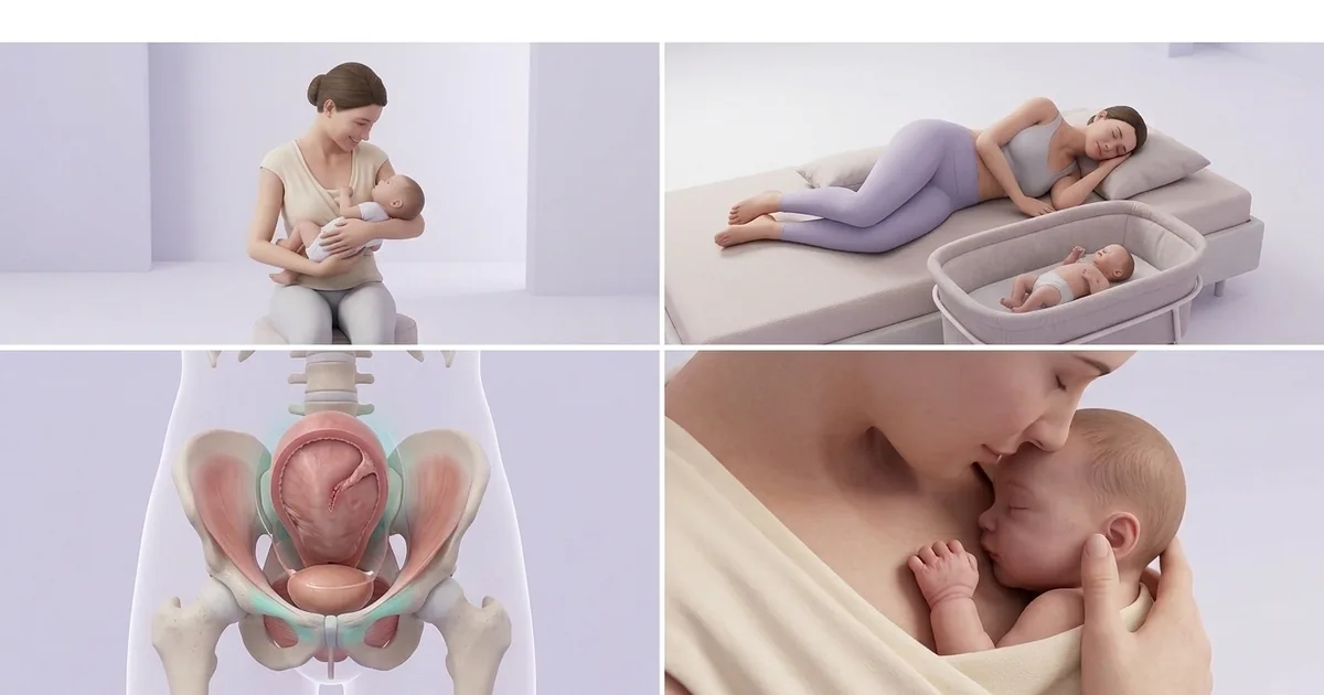 Grille de quatre scènes du post-partum : maman allaitant, maman se reposant avec le berceau à côté du lit, coupe anatomique du bassin, câlin en peau à peau