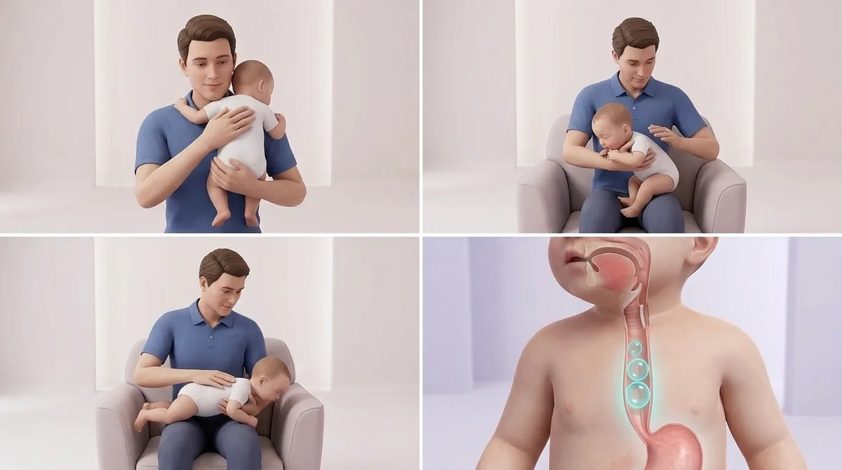 Three burping techniques illustrated: baby over the shoulder with patting between the shoulder blades, baby sitting and leaning forward with a collar hand, baby lying face-down across the lap
