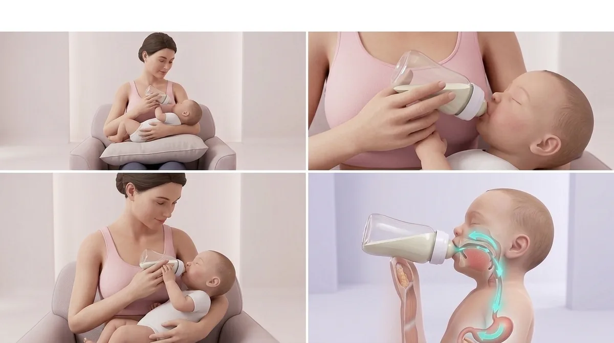 Parent bottle-feeding baby in a semi-upright position, bottle tilted so the teat stays full of milk