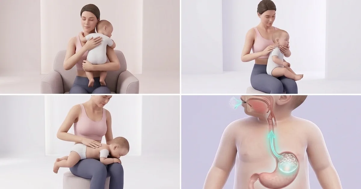 Burping positions grid: baby over the shoulder, sitting on the lap, lying face-down across the thighs, and a diagram of the air bubble in the stomach