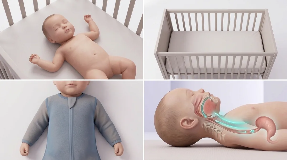 Four panels: baby lying on their back, empty crib with a firm mattress, baby in a sleep sack, diagram of clear airways in the back-sleeping position