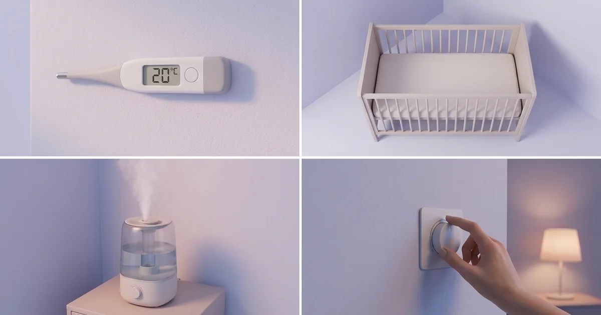 Calming baby room: thermometer at 20 °C, empty crib, humidifier and soft lighting