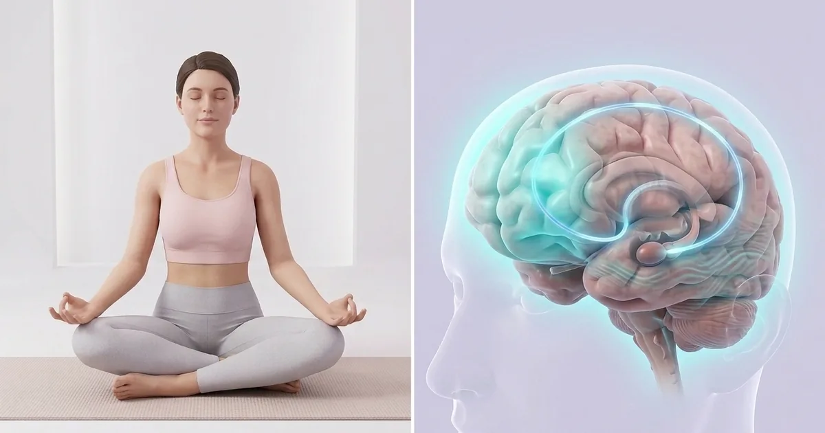 امرأة حامل تتأمّل في وضعية اللوتس، مع رسم تشريحي للدماغ في حالة هدوء